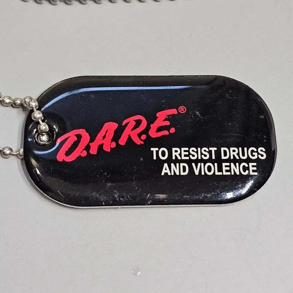 D.A.R.E. To Resist Drugs and Violence Dog Tag Necklace Silvertone Bead Chain Vtg